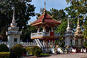 Vientiane, Laos - Wat Si Saket, the area around the temple precinct is filled with stupas, drum tower, open pavilion sheltering Buddha statues.